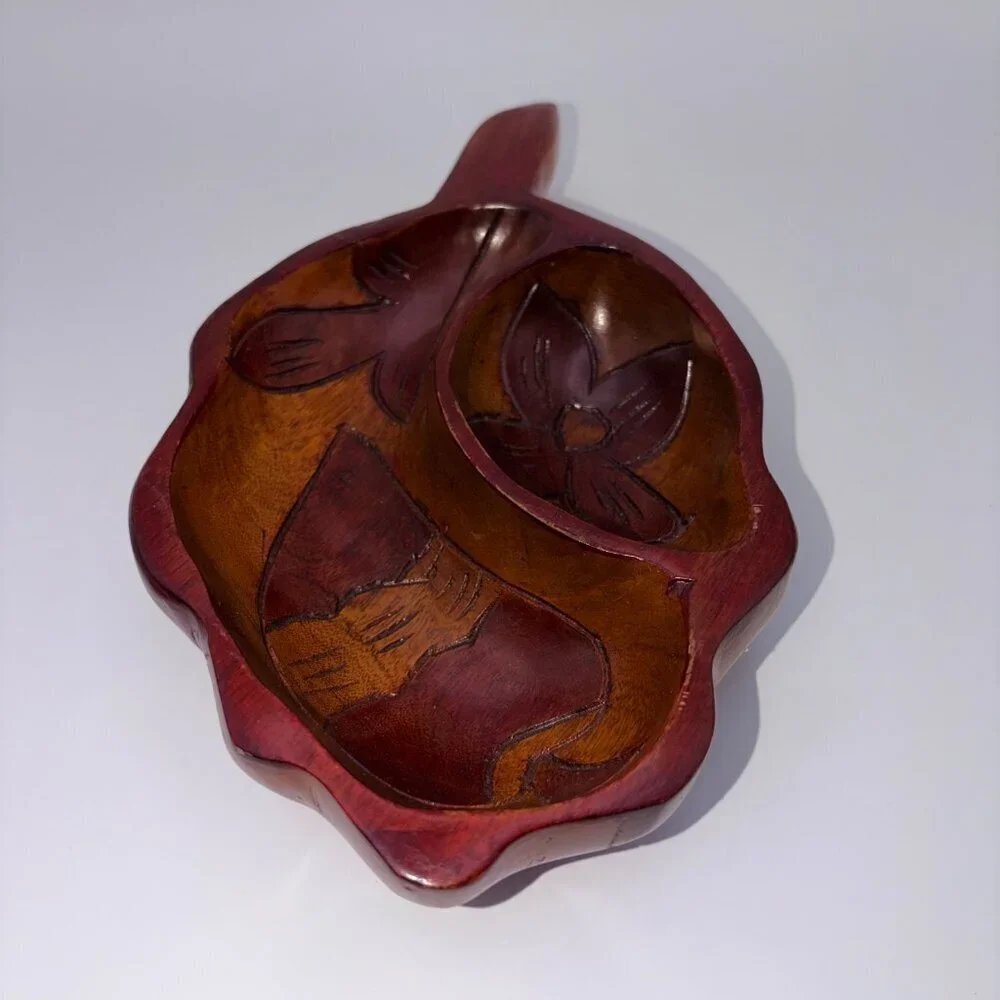 Hand-Carved Wooden Hawaiian Leaf Bowl Divided Serving Dish - Monkey Pod